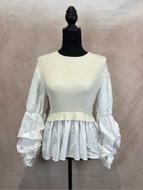 English Factory Cream and White Ribbed Knit Peplum Top with Ruffled Sleeves
